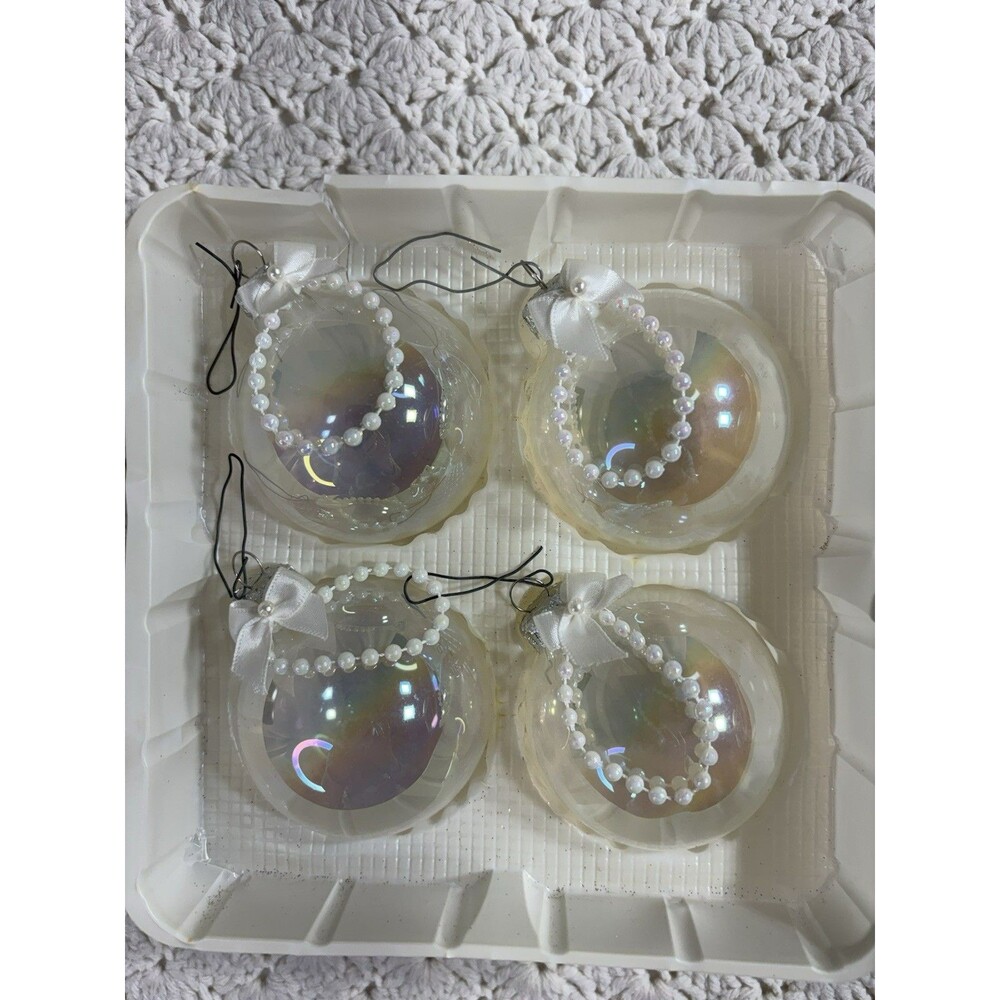 4 Vintage Krebs Clear Glass Ornaments Gold Crowns 2.5” Beads Bows